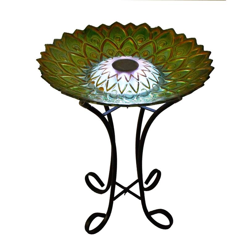 21" Green Peacock Geometric Outdoor Glass Solar Bird Bath with Stand