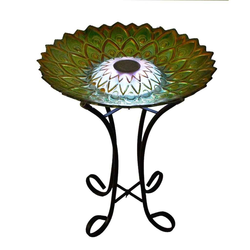 21" Green Peacock Geometric Outdoor Glass Solar Bird Bath with Stand