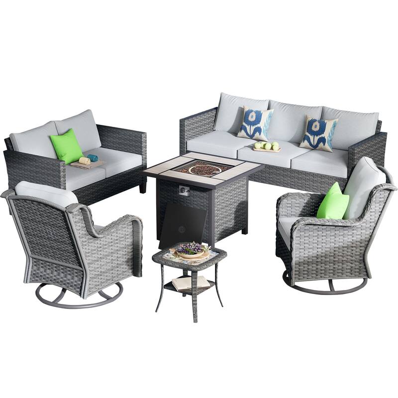 OVIOS 6-Piece Outdoor Wicker Patio Fire Pit Furniture Set with Swivel Chairs