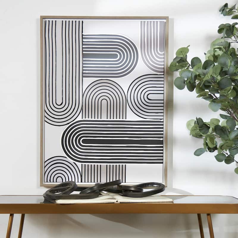 Cream Canvas Art Deco Linear Arched Abstract Framed Wall Art with Gold Foil Accents