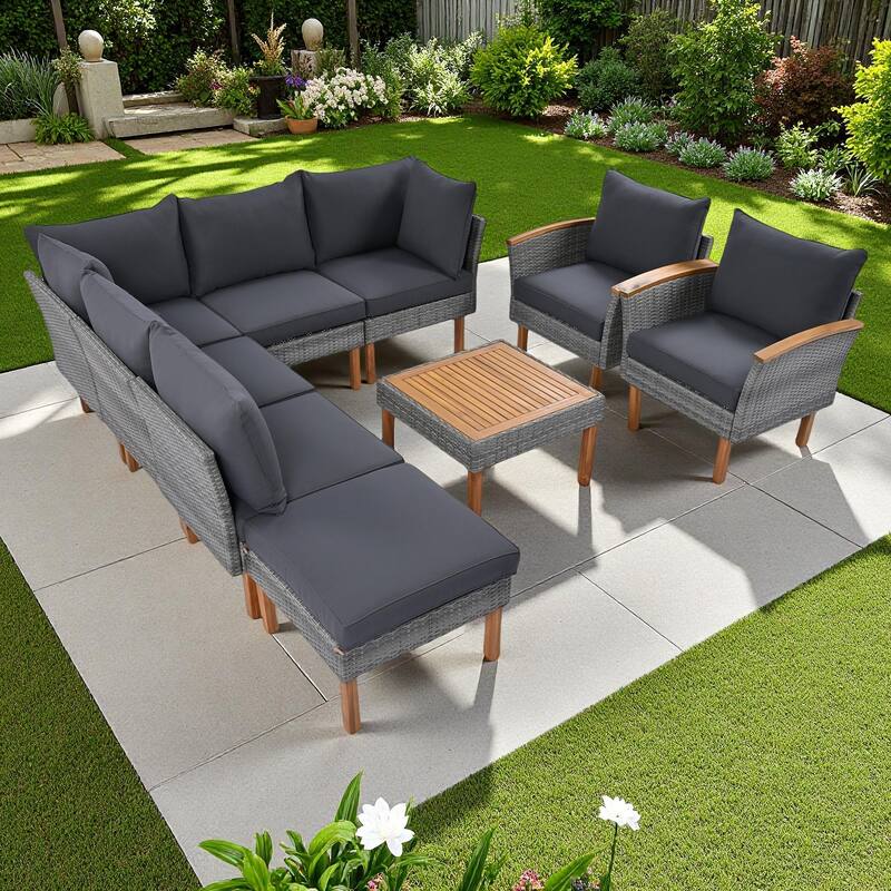 9-Pieces Outdoor PE Rattan Sectional Sofa Set with Acacia Wood Legs and Coffee Table - Gray