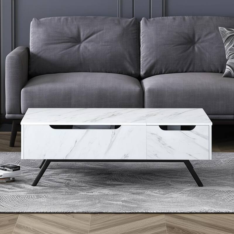 HomeRoots 48" White and Black Wood and Steel Lift Top Coffee Table With Drawer - 48.00 in. x 24.00 in. x 23.00 in. - White