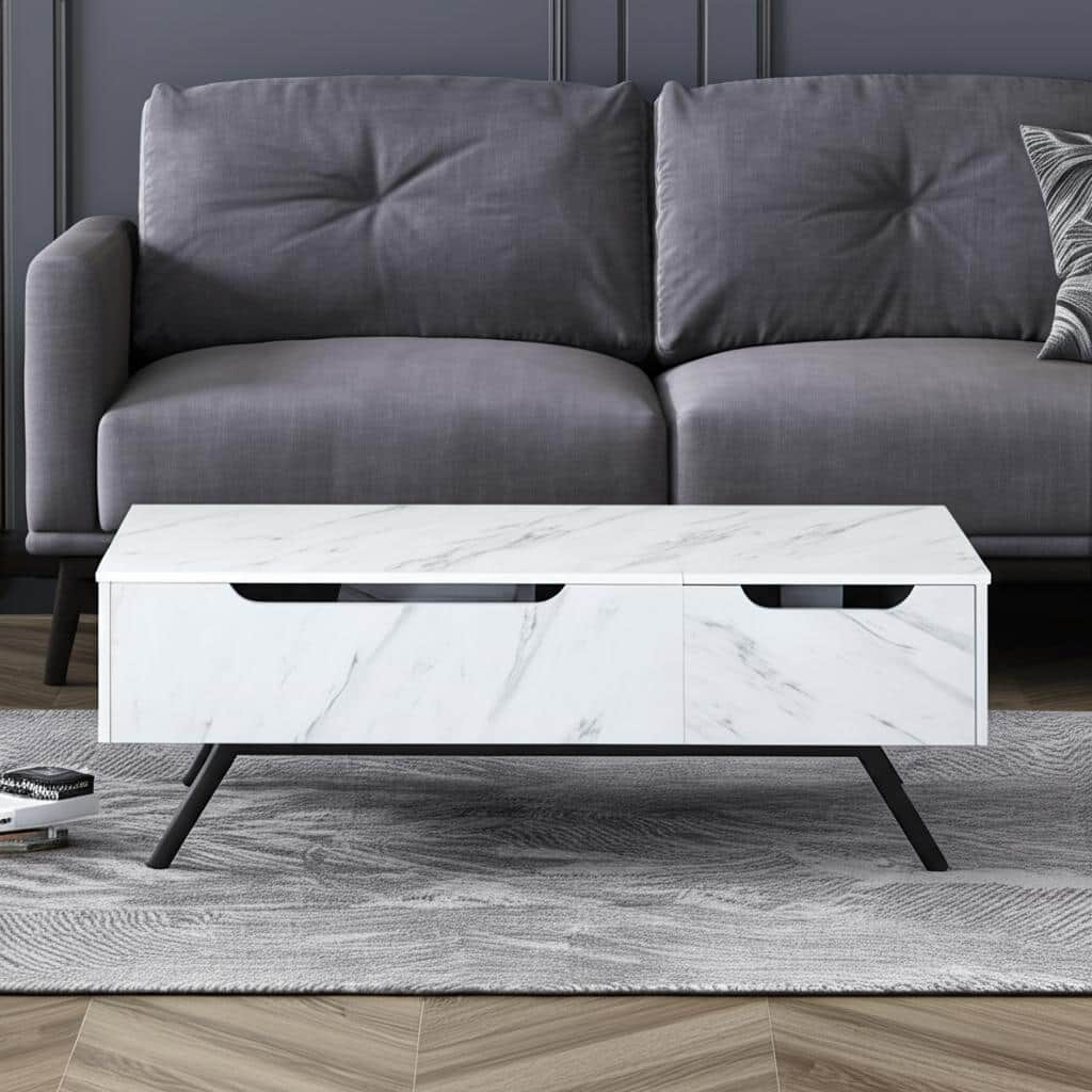 HomeRoots 48" White and Black Wood and Steel Lift Top Coffee Table With Drawer - 48.00 in. x 24.00 in. x 23.00 in.