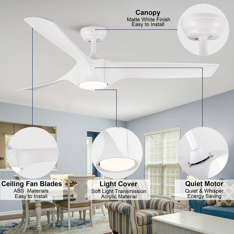 YUHAO 56 inch 6 Speed Quiet DC Motor Indoor Matte White Ceiling Fans with Lights and Remote Control