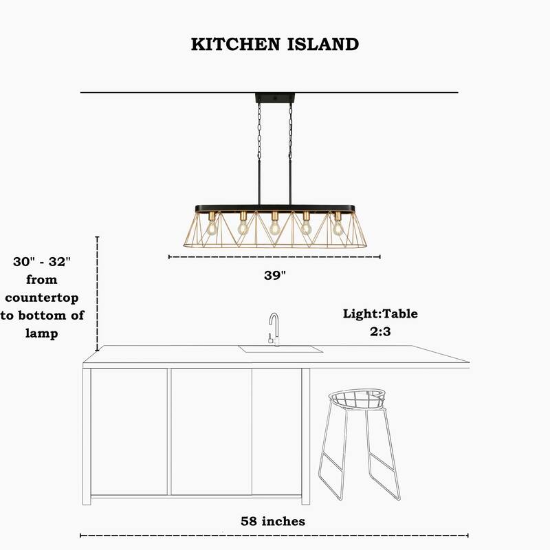 Modern Luxury 5-light Chandelier Black Gold Kitchen Island Light with Geometric Line Design for Dining Room