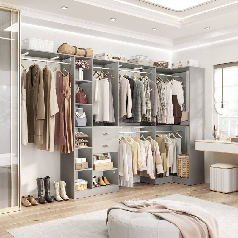 Rackcog 63’‘ - 127.5'' Closet System with Hanging Rods, Set of 2 Corner Closet Organizer with Drawers and Shelves