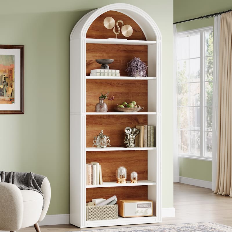 6-Tier Tall Arched Bookshelf for Living Room, Bedroom - 11.81"D x 31.5"W x 75.98"H - White/Brown