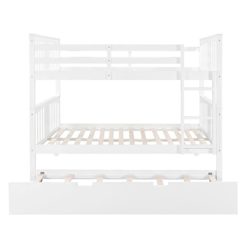 Full Pine Bunk Bed with Trundle and Ladder, Convertible to Two Beds