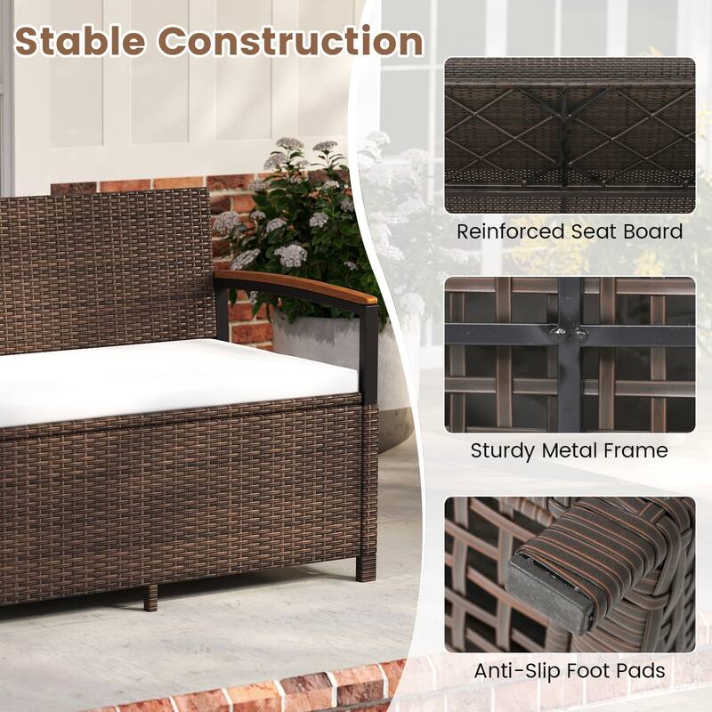 Gymax Outdoor Storage Bench w/Cushion Backrest & Acacia Wood Armrests
