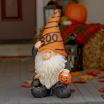Halloween Gnome Wizard Holding Pumpkin Basket and Orange Boo Hat