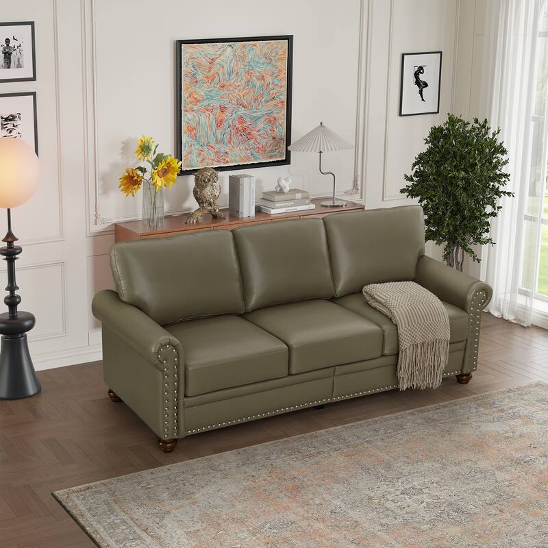 Faux Leather Sofa Couch with Storage Space and Silver Nailhead Trim for Living Room