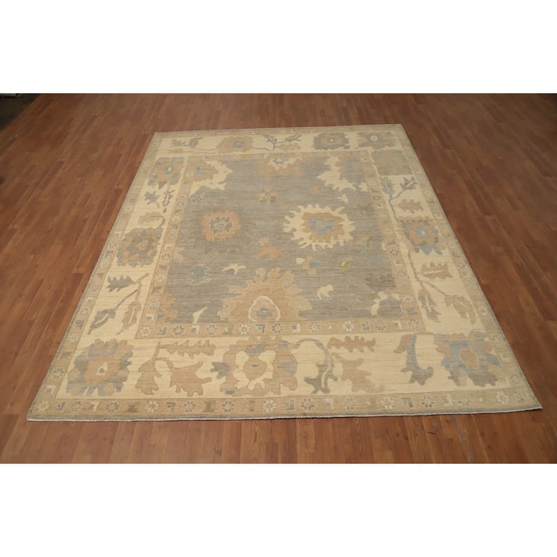 Hand Knotted Oriental 100% Wool Carpet Transitional All-Over Greys & Charcoal Oushak Area Rug - 9' 11'' X 7' 11''