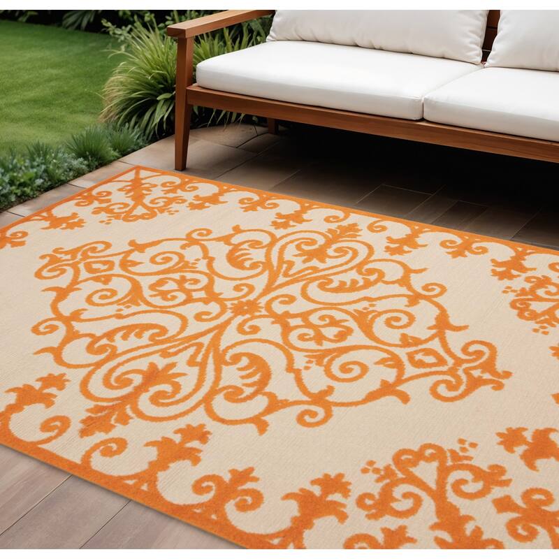 HomeRoots Contemporary Rectangle Outdoor Rug - 10' X 13' - Orange/Ivory - 10' X 13'