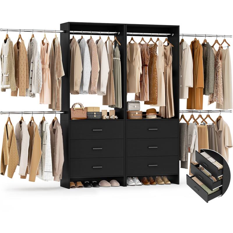 Cimly Set of 2 Closet Organizer System with Adjustable Hanging Rods and Drawers - Black
