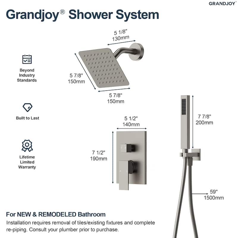 GRANDJOY 2-Function Rainfall Shower System with Handheld, Single Handle Wall-Mount Design