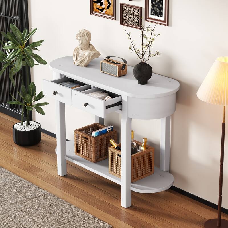 Curved Console Table with 2 Storage Drawers and Metal Handles, Wooden Hallway Tables Entryway Table wOpen Storage Shelf