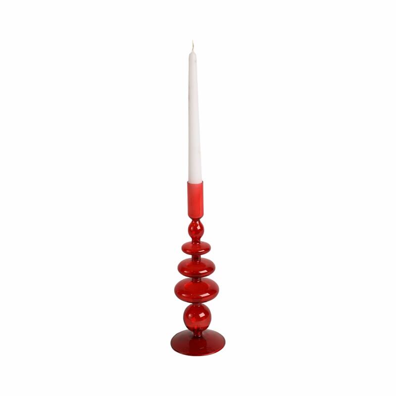 Sculptural Glass Candle Holder with Rounded Accent Base - Modern Tabletop Candle Holder for Any Room - 4" x 4" x 11" - Red