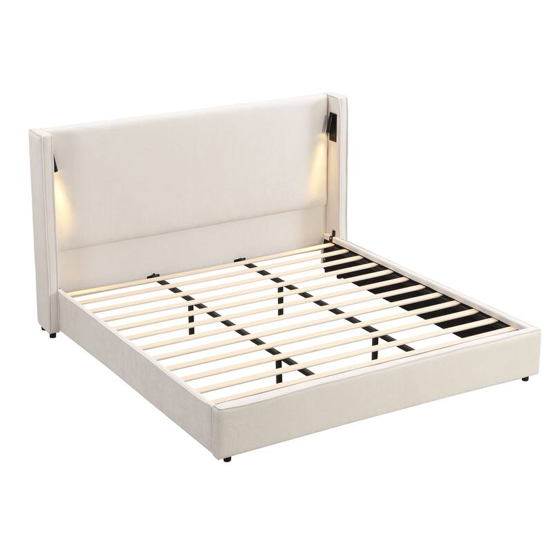 Beige Upholstered Bed Frame with High Wingback Headboard, Reading Lamp and USB Port, Low-Profile Platform Bed for Bedroom