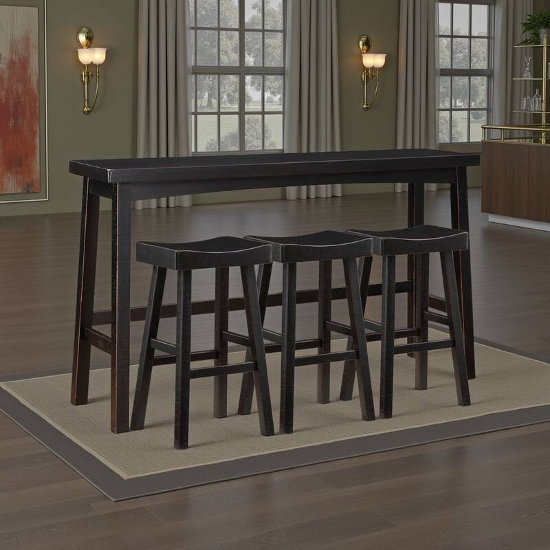 Casy 4pc Bar Height Table Set, 3 Contoured Stools, Black Rubberwood