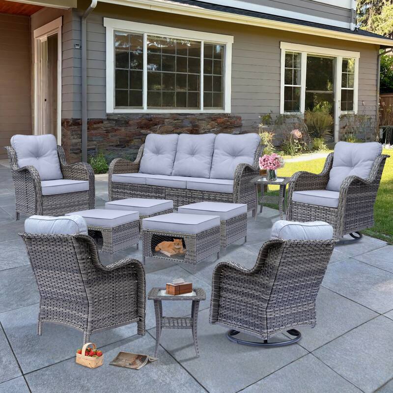 Outdoor Patio Furniture-Gray Wicker Outdoor Swivel Rocker Chairs Set