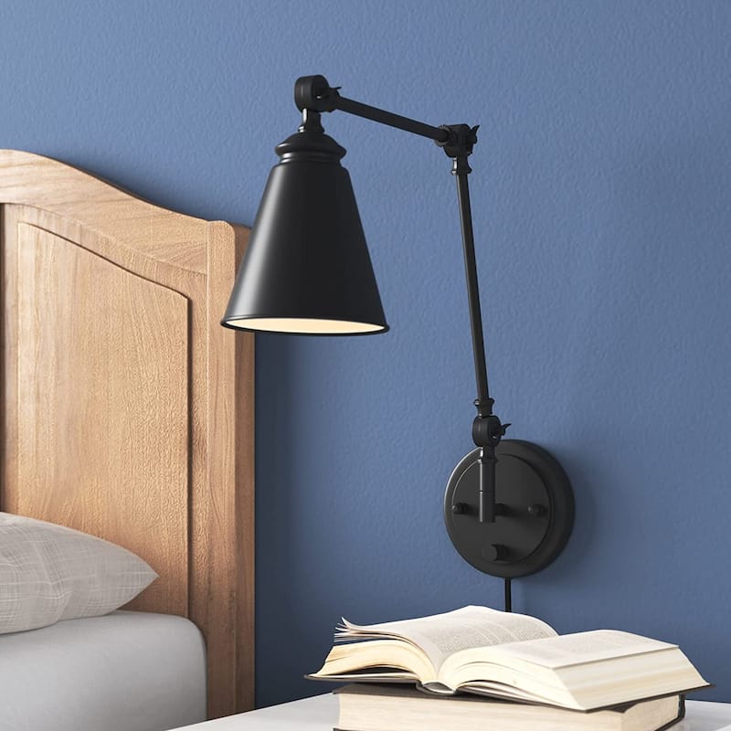 WINGBO 1-Light Vintage Adjustable Swing Arm Wall Sconce with Shade