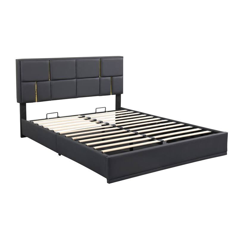 Queen Size Hydraulic Storage Platform Bed with Rectangular Pattern Headboard & Storage Underneath, Noise Free Bed Frame