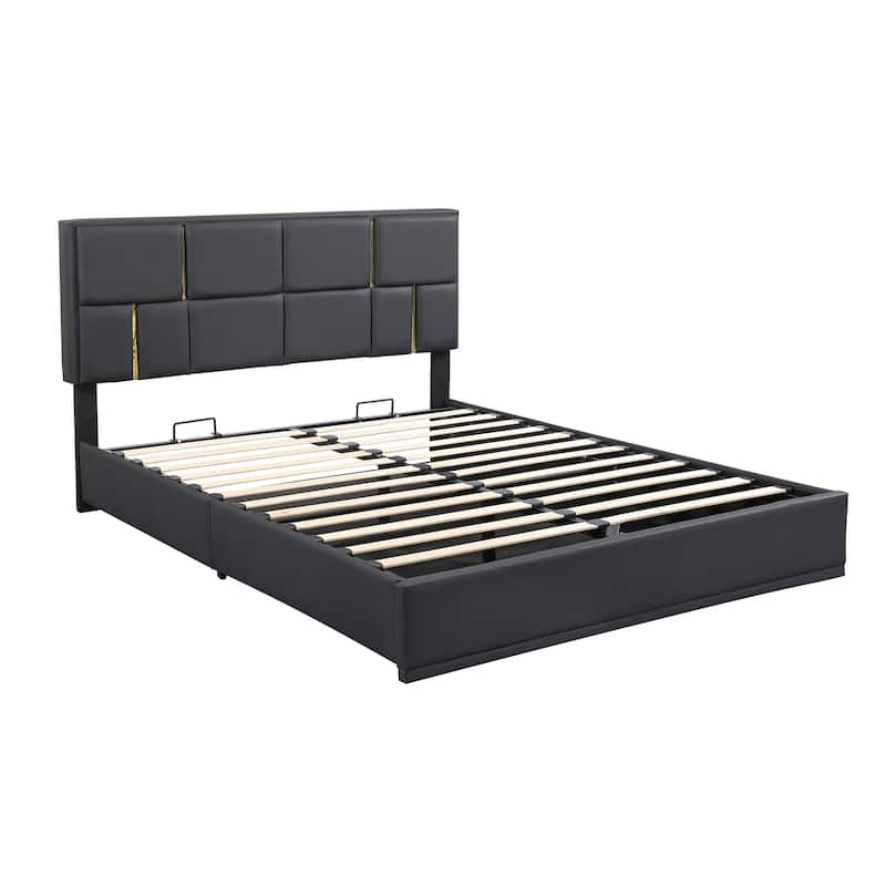 Queen Size PU Platform Bed with Gold-Trim Headboard And Hydraulic Storage, 500lb Capacity