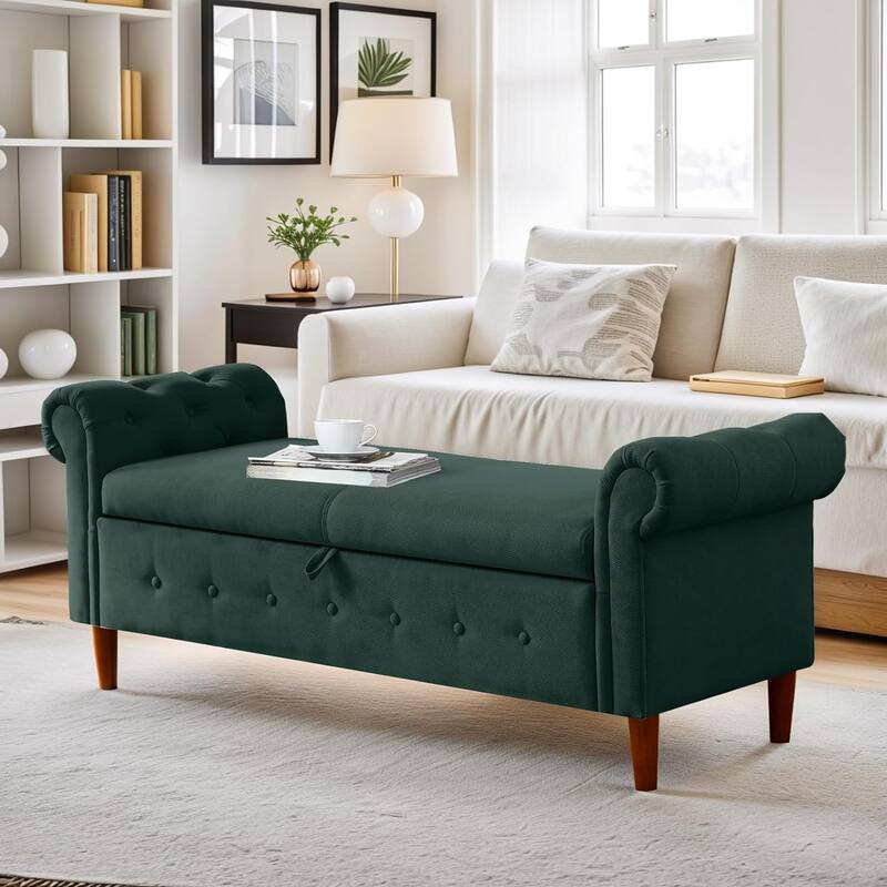 Multipurpose Rectangular Linen Sofa Stool with Large Space Saving Storage, 4 Rubber Wood Feet - 63 x 22.1 x 24.1 inch