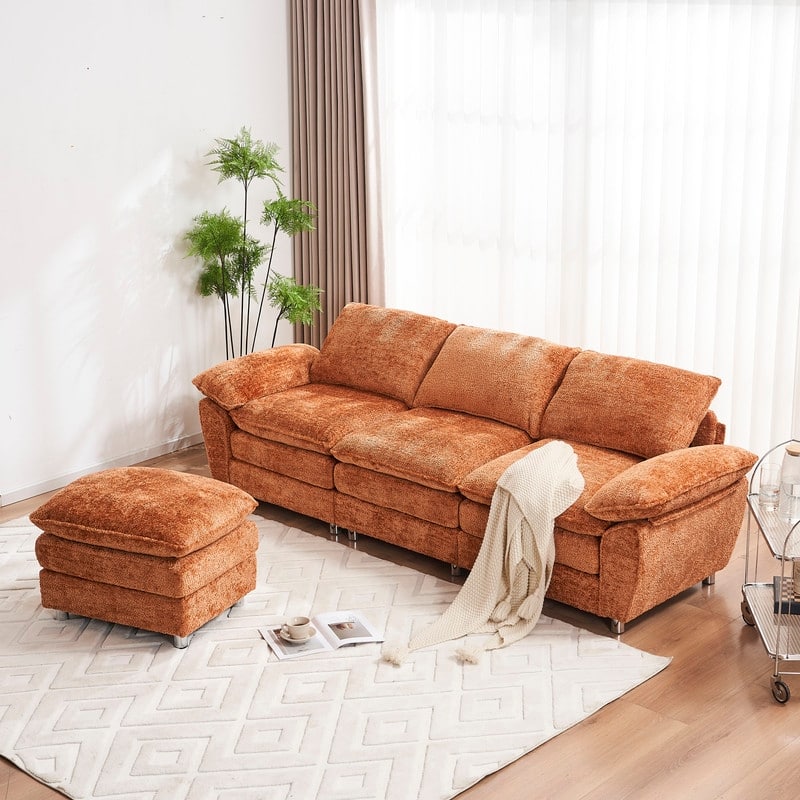Modern Upholstered Living Room L Shaped Sofa,Comfy Sofa Couch with Ottoman and Pillow Arms - Orange