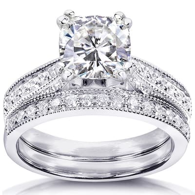 Kobelli 1.4 Carats Moissanite & Natural Diamond Solid 14k White Gold Antique Style Sophie 2pc Bridal Set