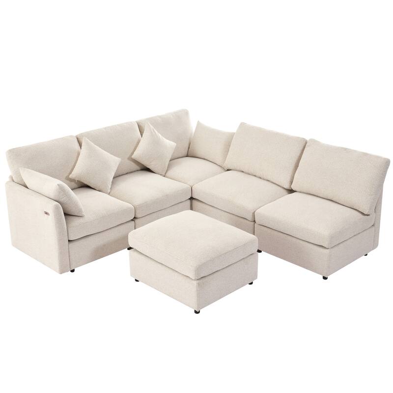 L-Shaped Modular Sectional Sofa Convertible U-Shaped Sofa Bed with Movable Ottoman and 2 USB Ports, 2 Pillows, Chenille 5 Seat
