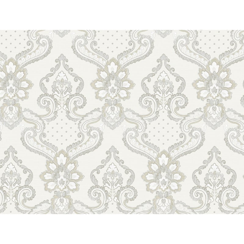 Galerie Wallcoverings Opulence Collection Italian Damask Vinyl on Non-woven Glitter/Shimmer Wallpaper Roll Double Width - 33-feet long  x 42-inches wide - Cream/Beige/Grey