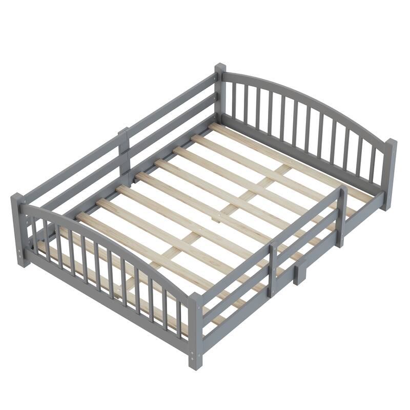 Montessori Solid Pine Floor Bed with Full-Length Safety Fence & Slatted Base by Harper&Bright Designs