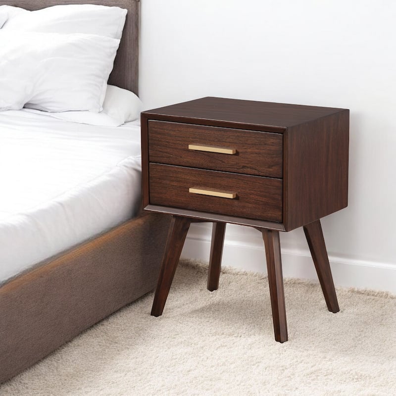HomeRoots 25" Wood and Solid Wood Two Drawer Nightstand - Walnut Finish - 2-drawer