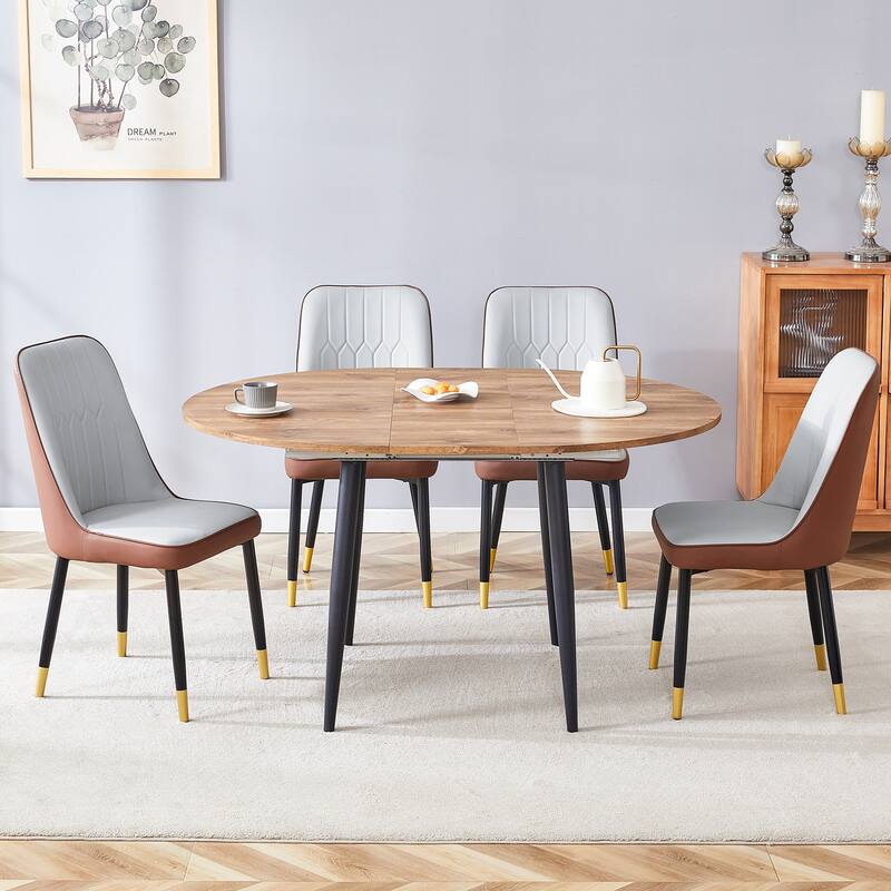 5-Piece Round Dining Set with Extendable Dining Table, Wood Kitchen Table Set with 4 PU Chairs for Dining Room - Brown,Wood