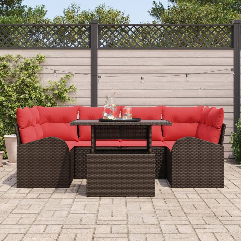 vidaXL 7 Garden Sofa Set with Cushions Black/Brown/Grey Poly Rattan - 92.1 x 48.8 x 27.2