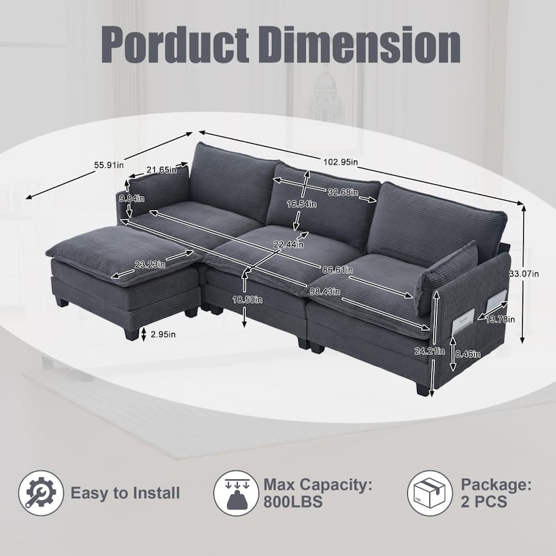 102.95" L-Shaped Corduroy Sectional Sofa with Movable Ottoman