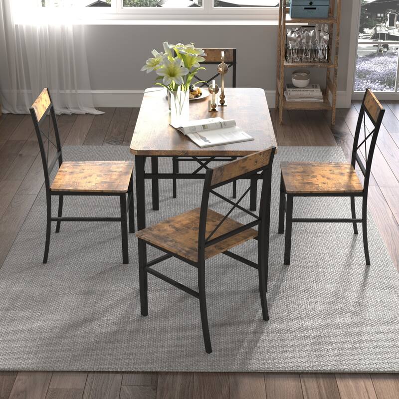 5-Piece Rustic Brown Wood Kitchen Dining Set with Table and 4 Chairs