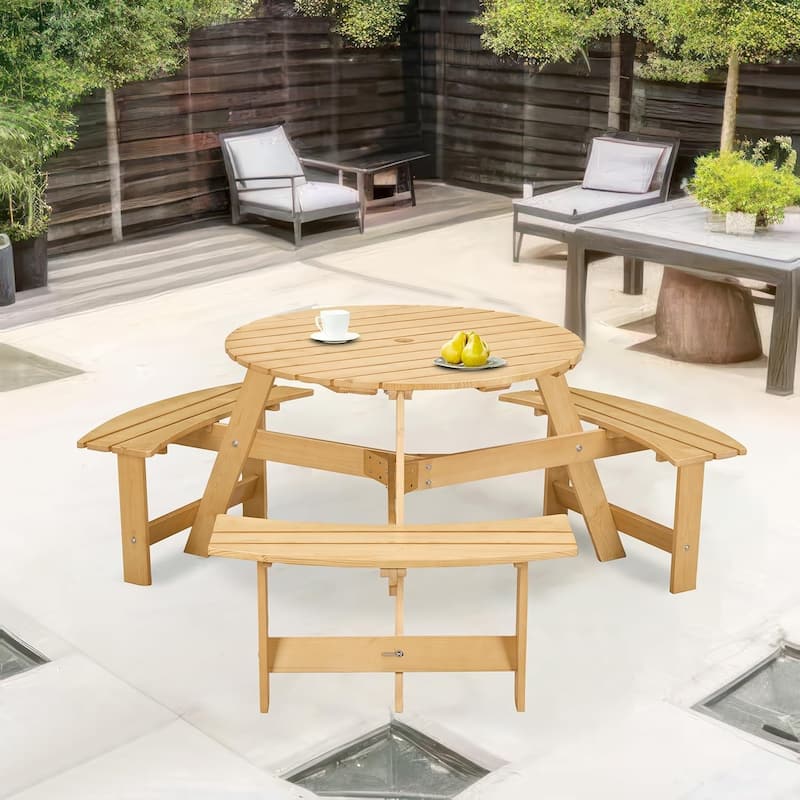 Roomfitters Outdoor 6 Person Picnic Table, 6 person Round Picnic Table with 3 Built-in Benches, Natural