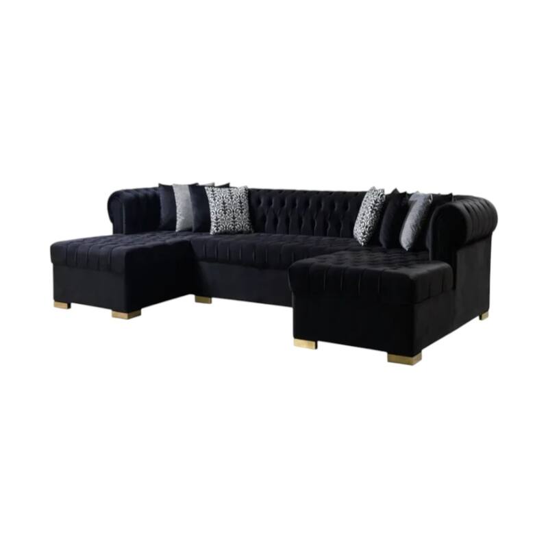 HomeRoots Black Velvet U Shaped Three Piece Sofa and Chaise Sectional With Toss Pillows