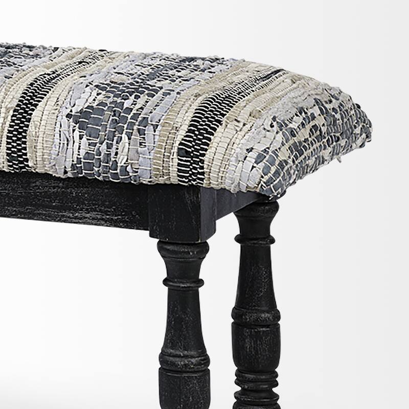 Off White Faux Leather Upholstered Entryway Bench Black Wood Legs Striped Pattern - 56” D x 14.5” W x 19” H