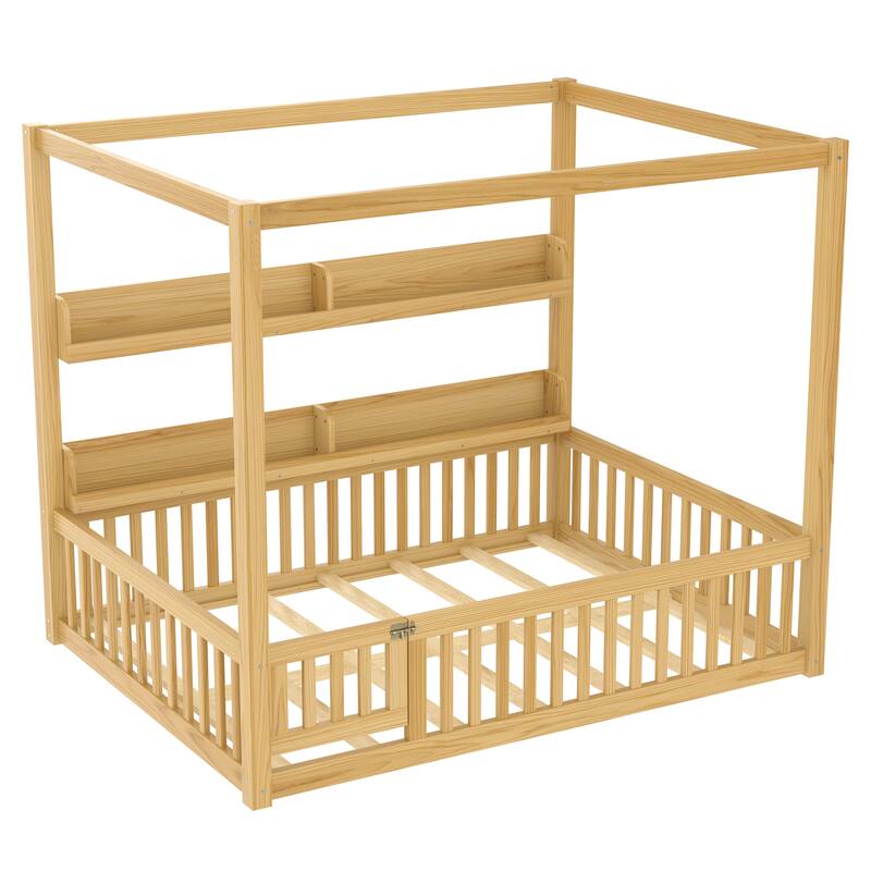 Roomfitters Canopy Floor Bed with Guardrails and Shelves, Solid Wood Montessori Frame