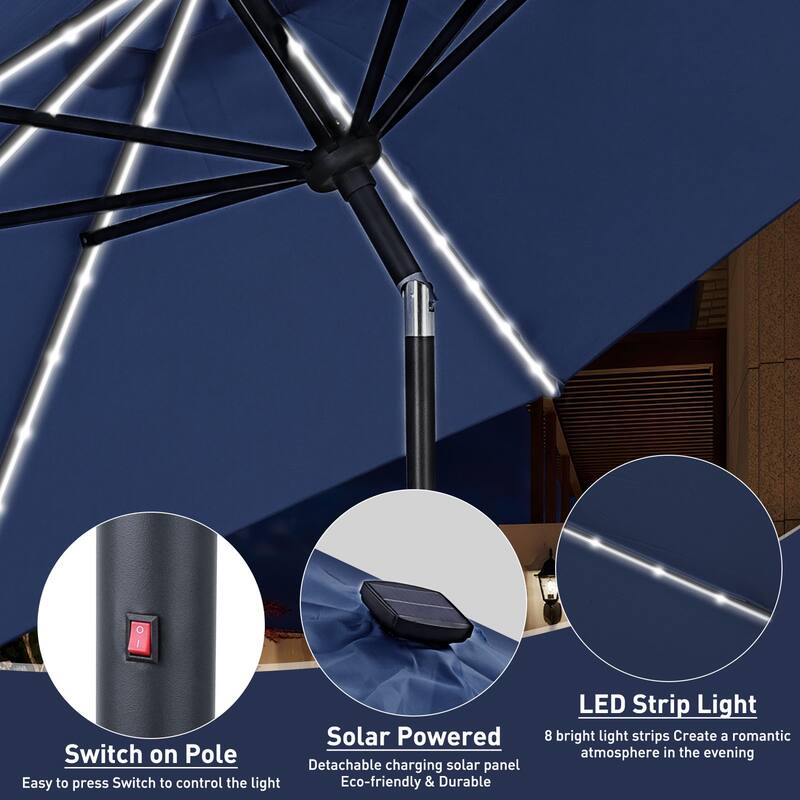 Ainfox 10ft Solar Patio Umbrella 40 LED Lighted and Umbrella Base, Strip Lights Outdoor Market Table Umbrella