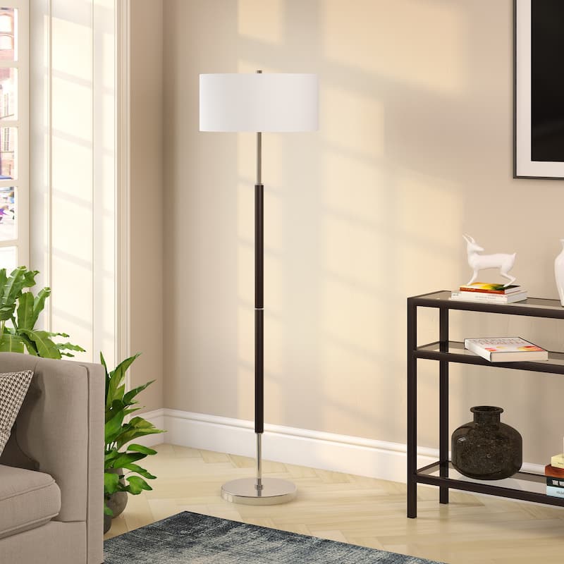 Simone 2-Light Floor Lamp with Fabric Shade - Black and Polished Nickel