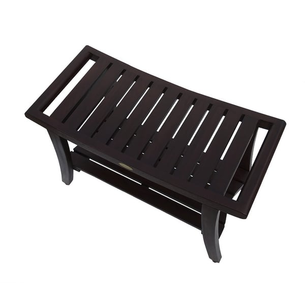 Compact Curvilinear Teak Shower or Outdoor Bench with Shelf in Brown Finish Compact Curvilinear Teak Shower or Outdoor Bench with Shelf in Brown Finish