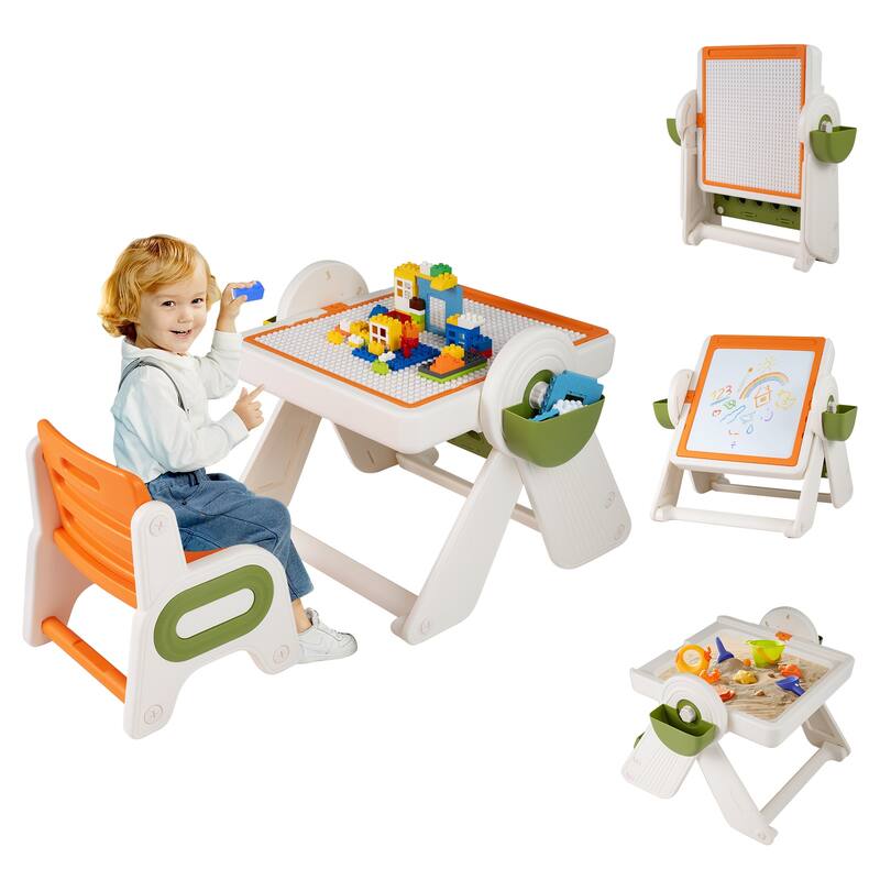 Kids Activity Table and Chair Set with Adjustable Easel Double-Sided Magnetic Whiteboard and Storage for Toddlers 18 Months Plus - Orange