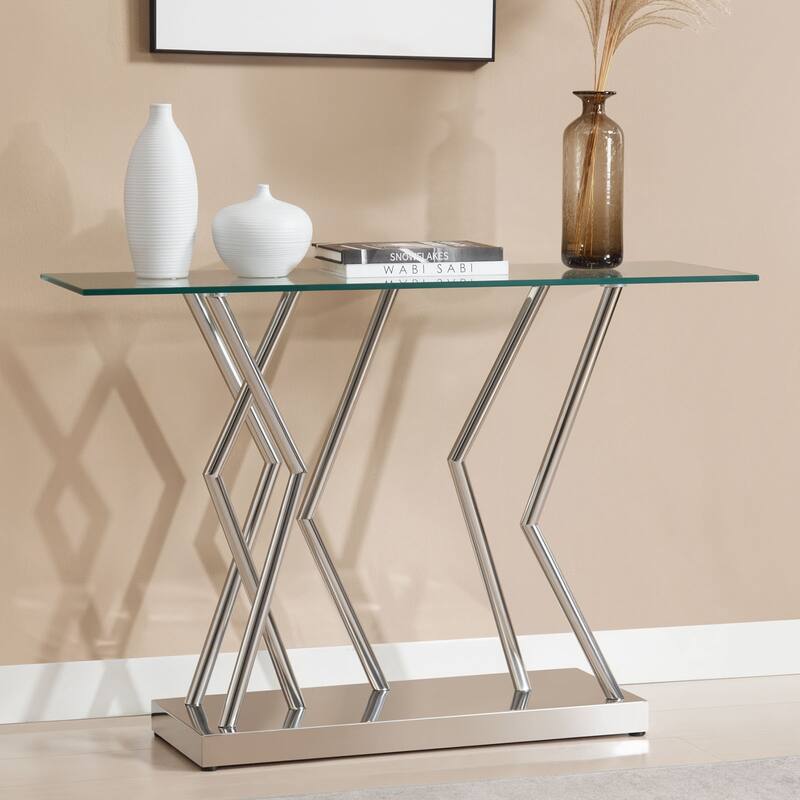Tempered Glass Top Console Table, Entryway Sofa Table with Metal Base - 43.3"L x 15.8"W x 29.9"H