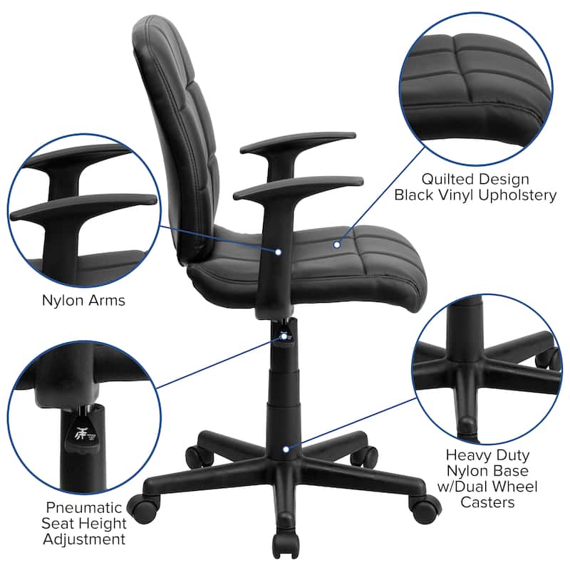 Mid-Back Quilted Vinyl Swivel Task Office Chair with Arms