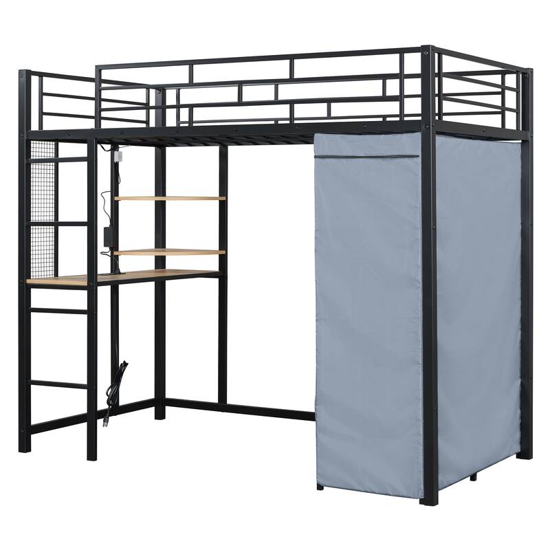 Modern Loft Bed with Desk & Wardrobe, Metal Loft Bed Frame with Shelves, USB Power Outlet, LED Light, for Kids Teens Adults