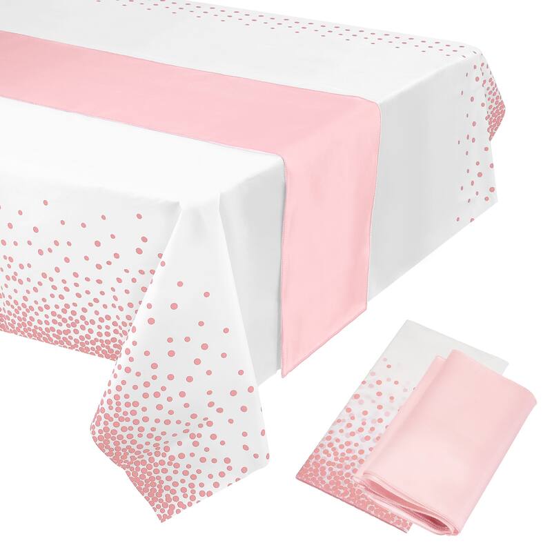 Pink Table Runner w White Plastic Tablecloth 54x108" Pink Dots 1Set - White+Pink